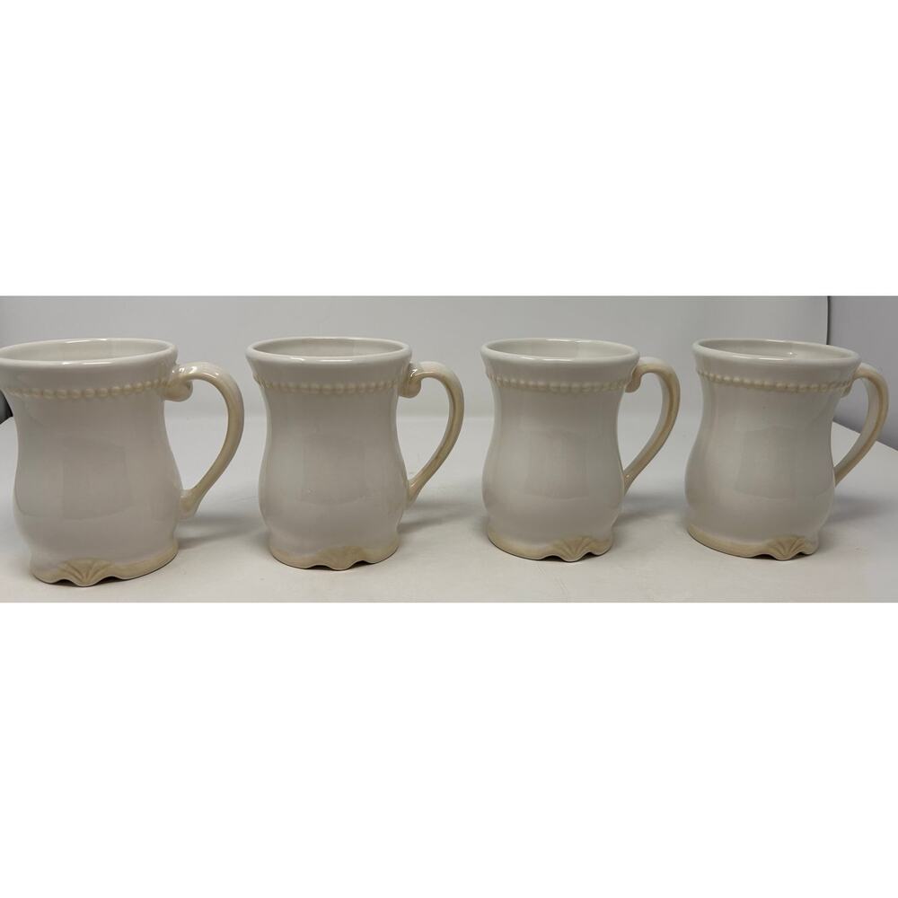 Princess House Pavilion Vintage Beaded Scalloped Ivory Coffee Mugs Set of 4